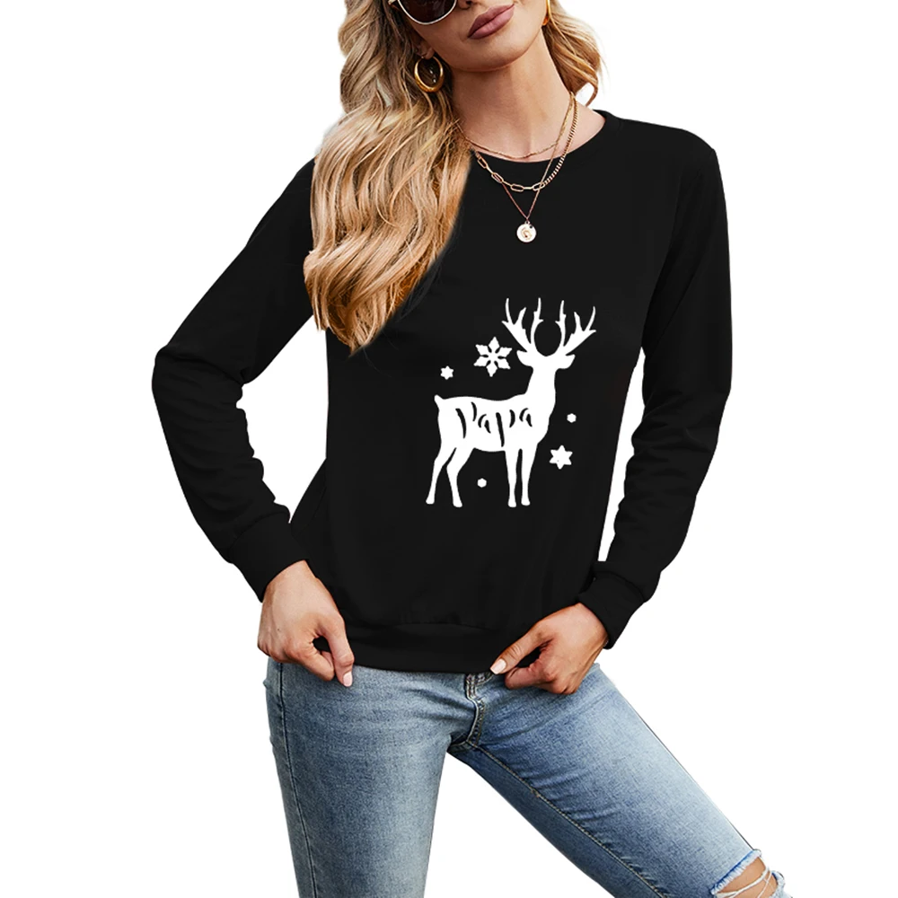 Multicolor Plus Size O-Neck Long Sleeve Christmas Elk Print T-Shirt Christmas Costume
