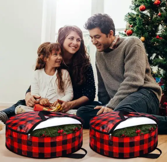 Round Buffalo Plaid Wreath Storage Bag Waterproof Christmas Tree Container