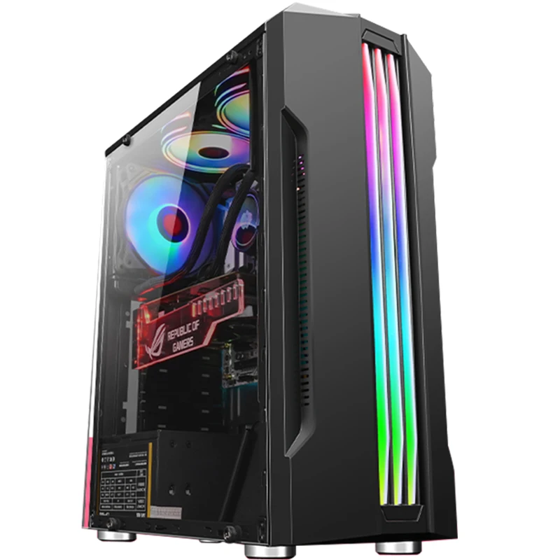 most popular baked steel plate/0.5mm side termpred glass atx  black/white gamer gaming computer with RGB light strip