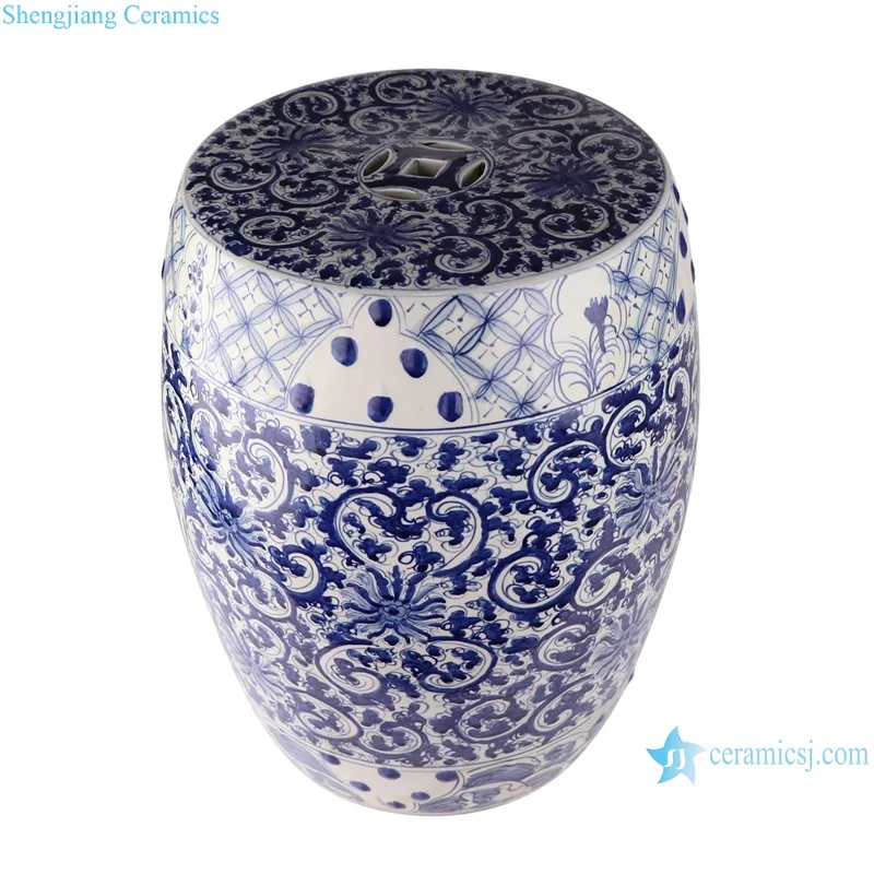 RYKB164-A Blue and White Porcelain hand Painted Twisted flower Pattern Home Garden Drum Stool Ceramic Seat