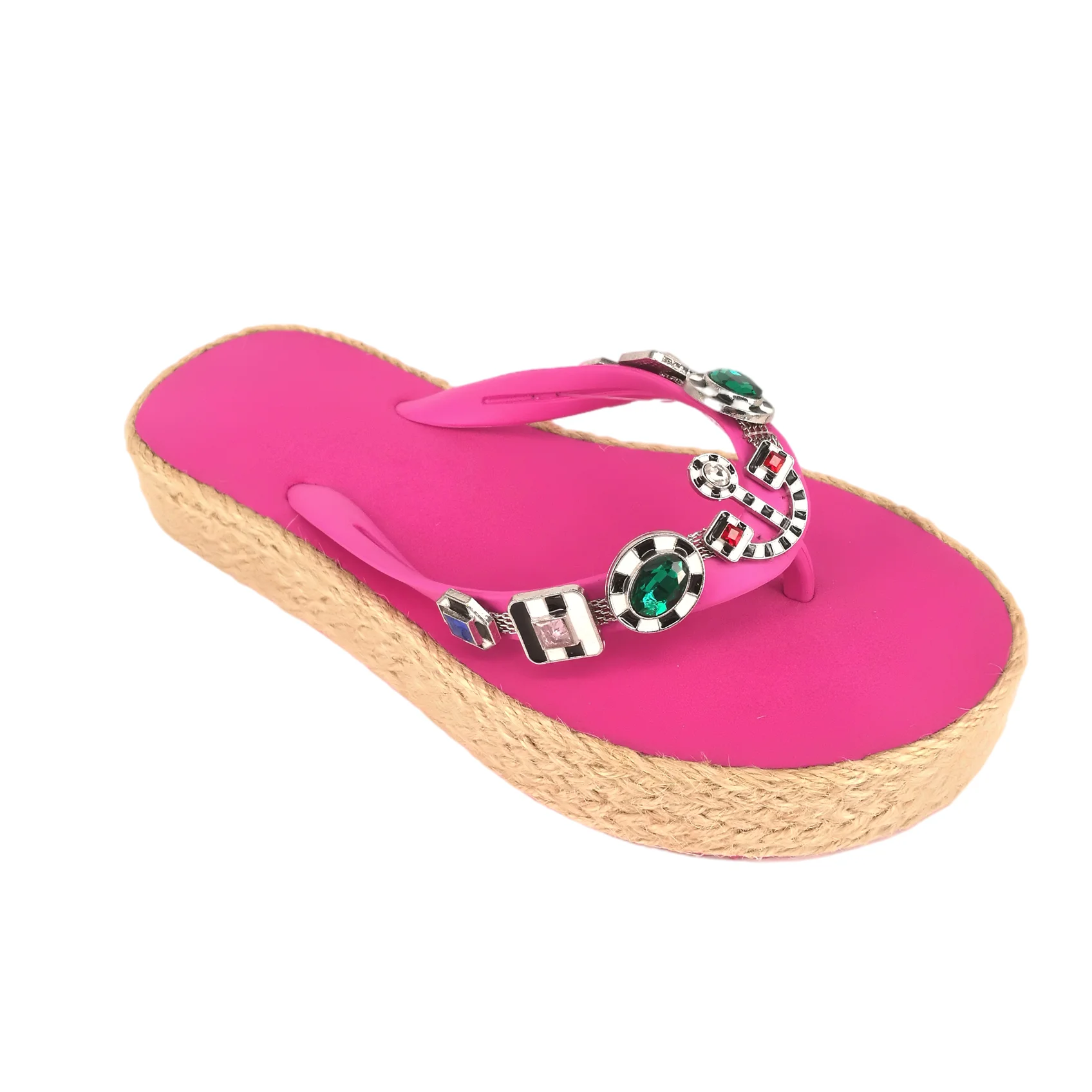 OEM   ladies  flip flops sandals  diamonds chain wedges  jute string foxing slides