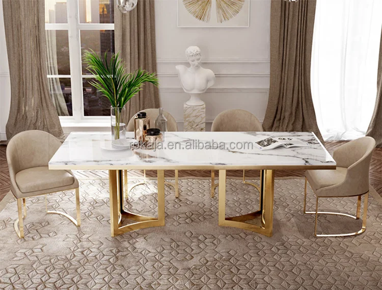 Modern Dining Table Set Marble Top Stainless Steel Luxury Rectangular Dining Table Set 4 6 8 Seater Dining Room Furniture