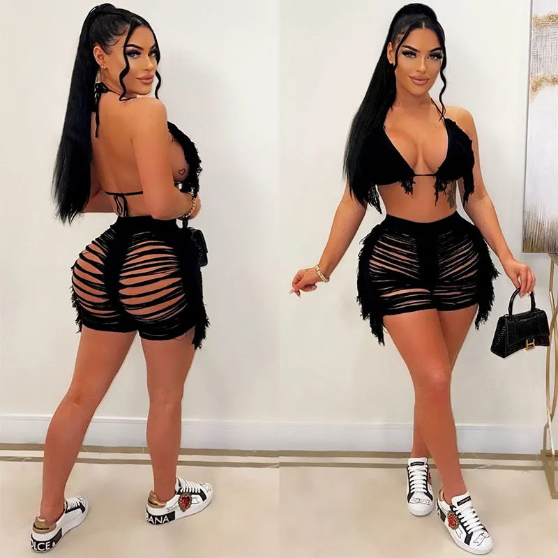 Sexy See Through 2 Pieces Pant  Set Mesh Crochet Dress Knit Women Beachwear Bathingsuit Swimwear Bikini Beach Cover Up Swimsuit