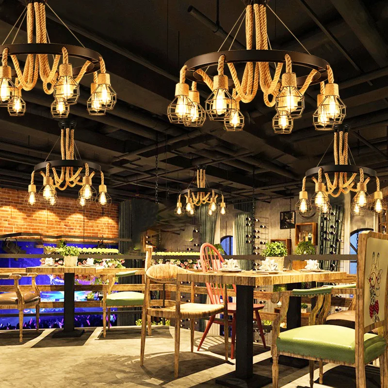Retro Loft Creative Rope Chandelier Restaurant Bar Corridor Hanging Lamps Cafe Balcony Stair Indoor Decoration Pendant Light