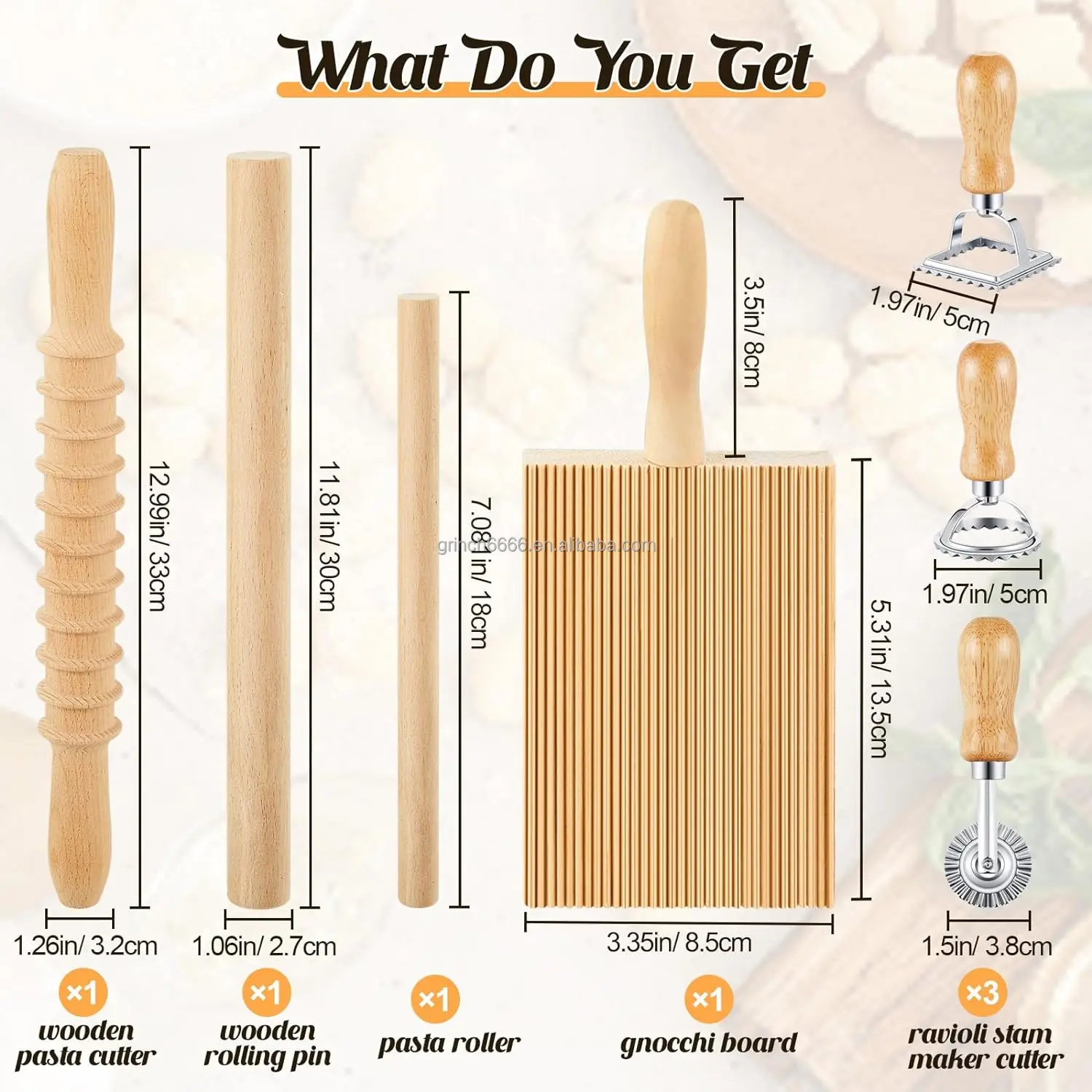 Pasta Making Tool Set Include 1 Wooden Cutter 1 Rolling Pin 1 Gnocchi Board Wood with Roller 3 Ravioli Stamp Maker Cutter