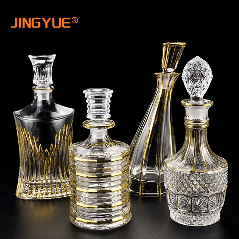 In Bulk Luxury Hotel Restaurant 500ml 17oz Lead Free Hand Made Gold Rim Crystal Whiskey Decanter For Vodka Tequila