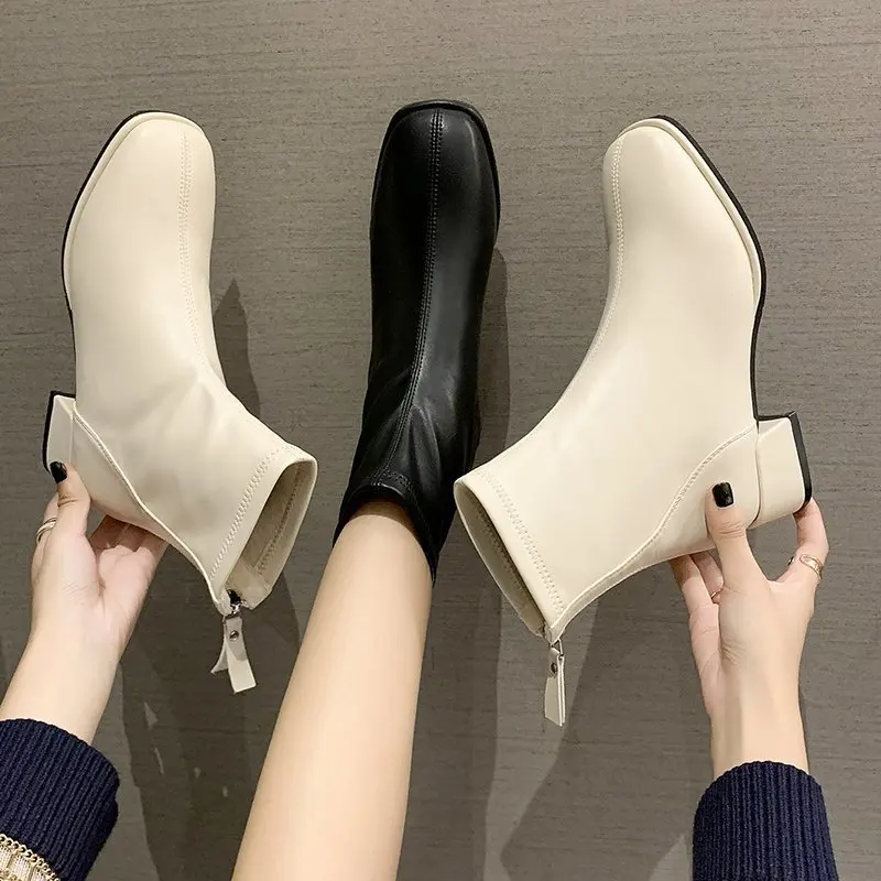 Fashion Pointed Toe Stacked Chunky Block Heel Ankle Boots Faux Leather Booties Comfortable Women Chelsea Boot