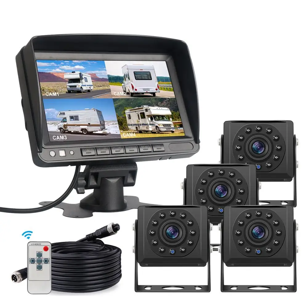 
High quality Truck Backup Wired Camera 4pin connector cables and Rear View Truck & Bus 7 inch Quad Monitor 