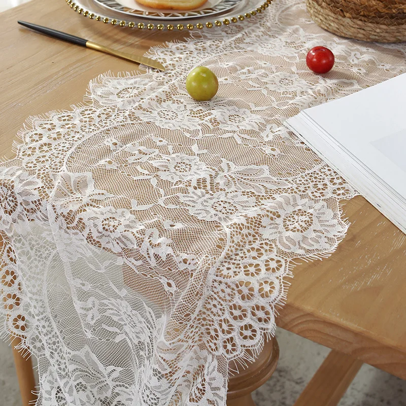 Luxury White  Exquisite Bridal Decor Rustic Boho Rose Overlay Floral Lace Table Runner For Wedding Party