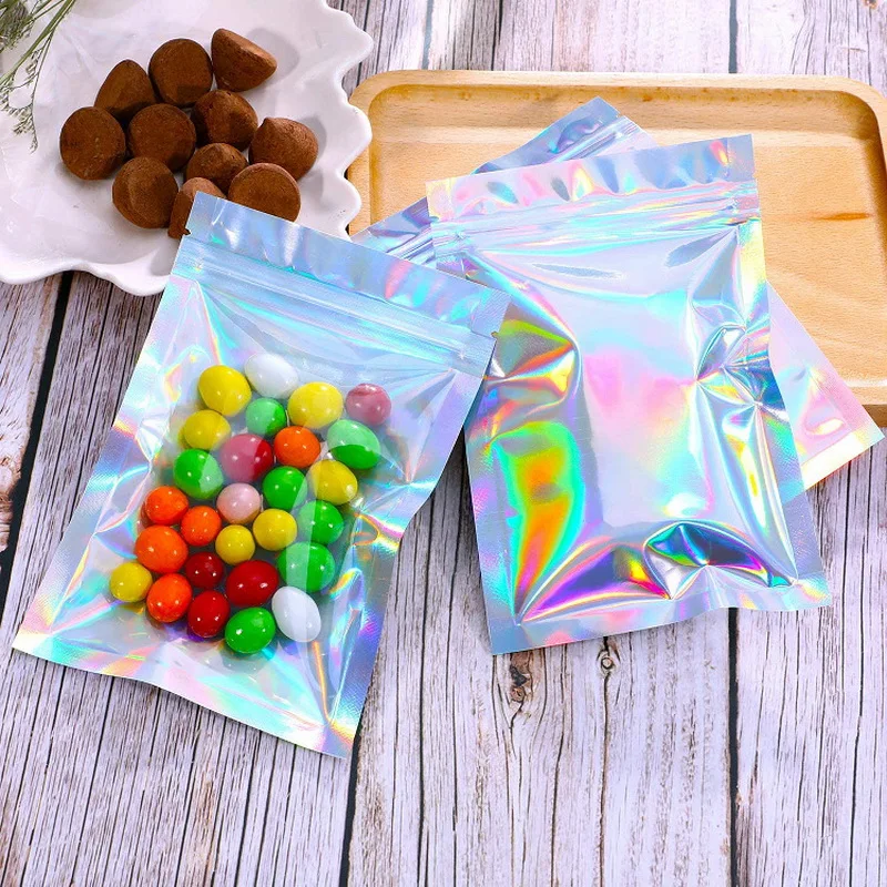 
custom resealable transparent cosmetic holographic packaging bag pouch/holographic zip lock bag self adhesive zipper bag 