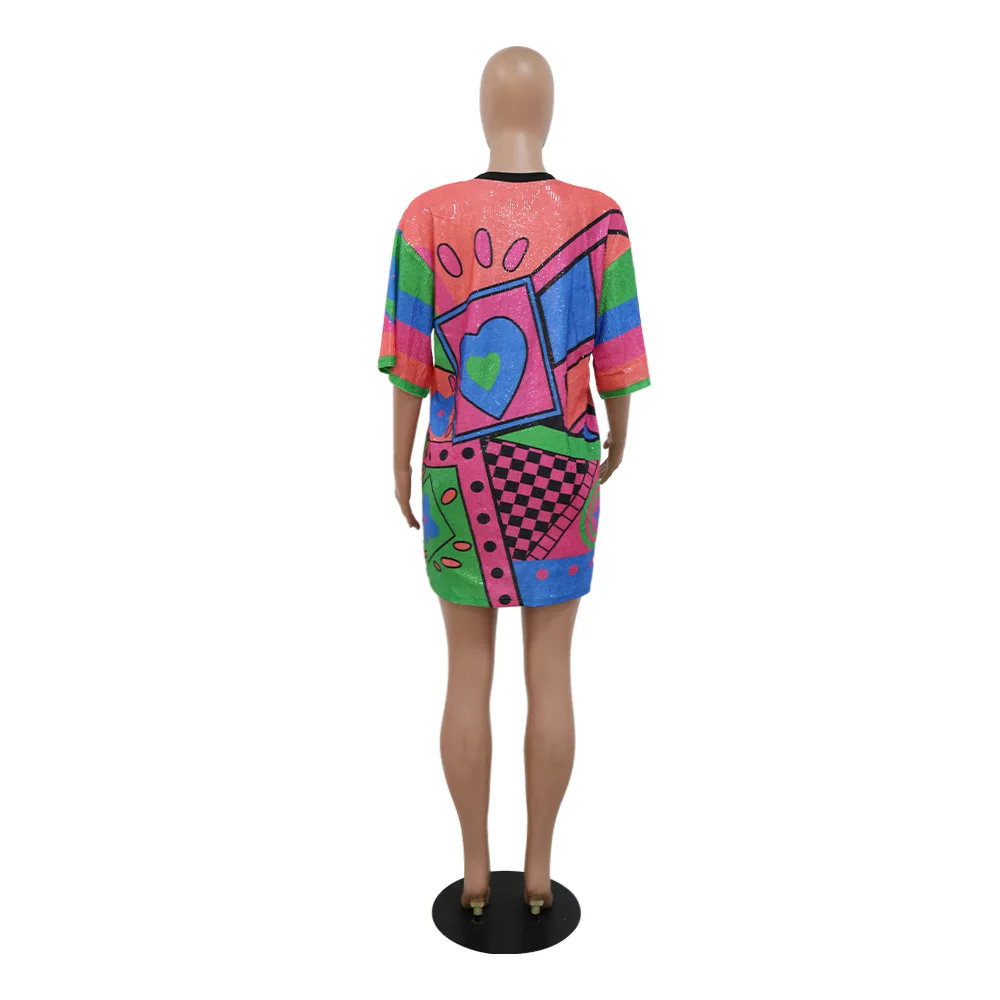 Spring Summer Letter Sequin T-shirt Mini Dress Woman Crew Neck Three Quarter Sleeve Club Dresses Sexy Club Party Casual Dress