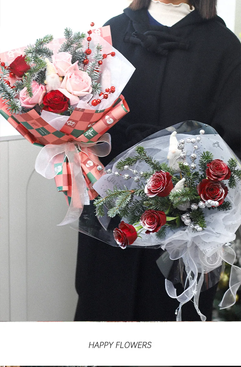 New Year Korean Style Christmas Kraft Paper Coated Flower Wrapping Paper with Snowman Reindeer and Tree for Gift Boxes Crafts