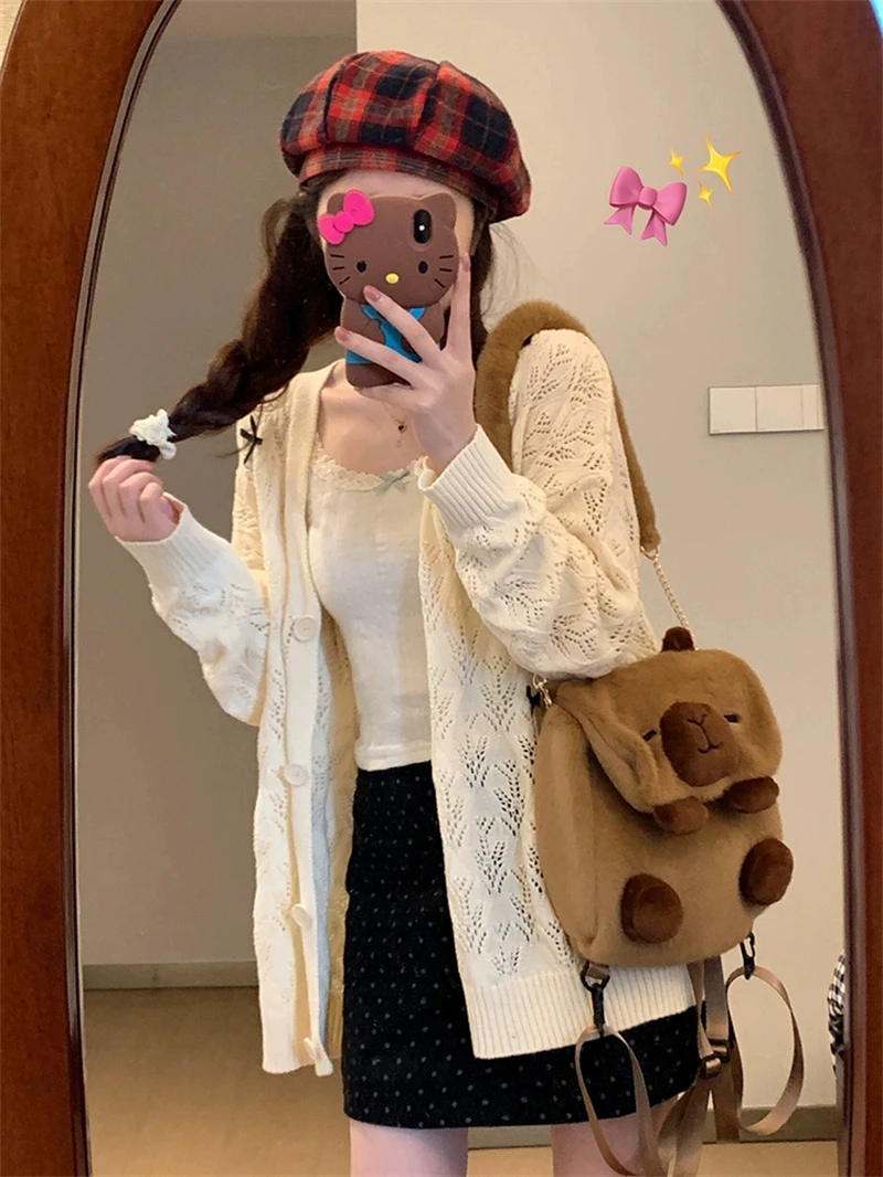 Sweet Tender Casual Elegant Solid Cardigans Loose All Match Women Grunge Sweater Japanese Fashion Hollow Out Coats Y2k