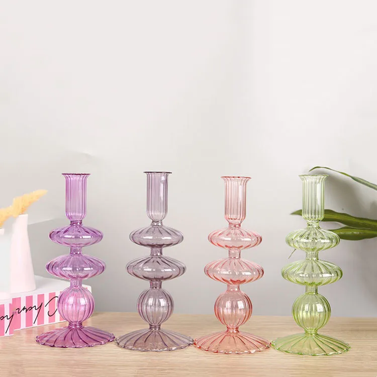 Huaming High Quality Rustic Luxury Home Wedding Party Decoration Unique Rotary Color Glass Table Scented Candle Stick Holder