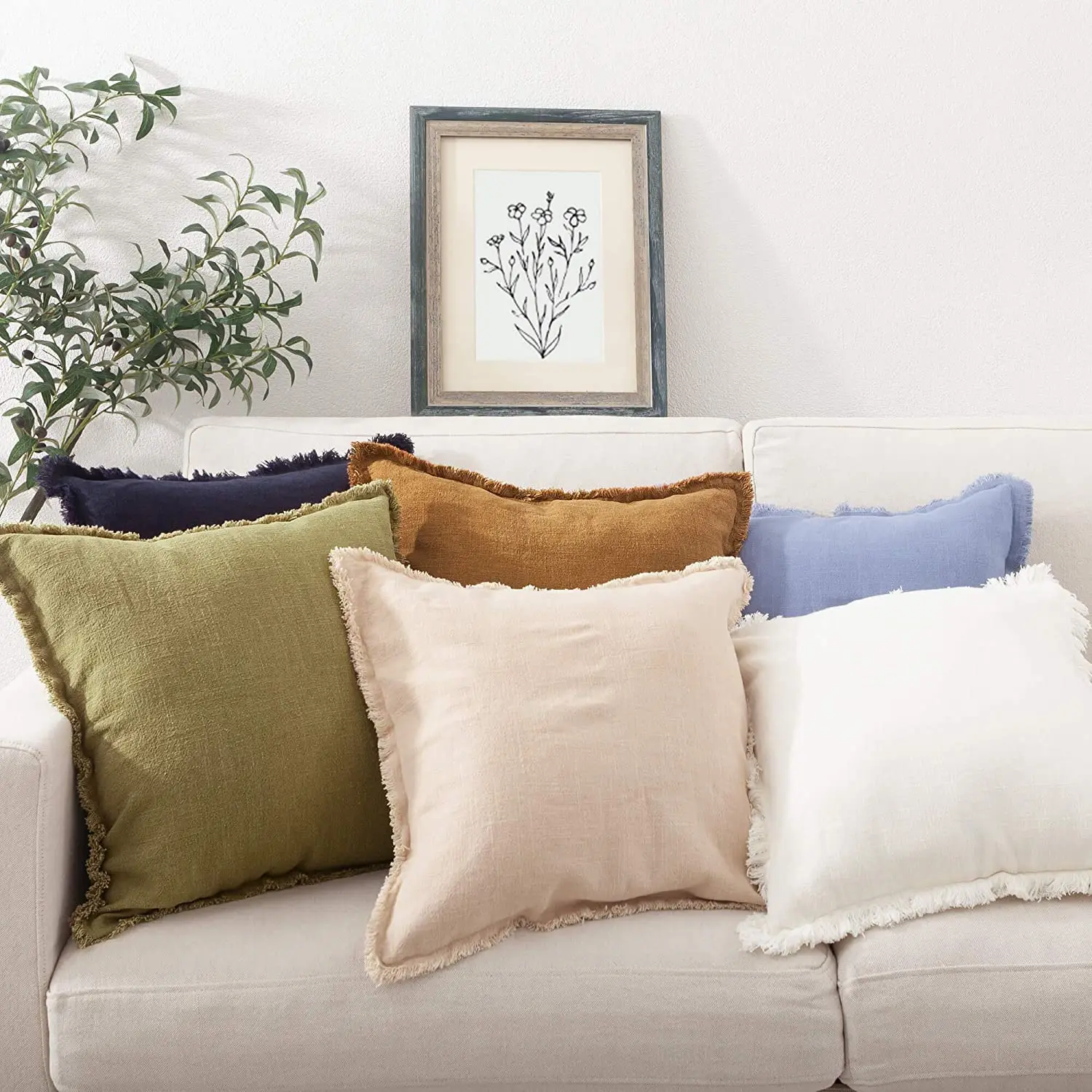 Ramie Pillow Covers with Tassels Fringed Decorative Rustic Natural Throw Pillowcase Cushion for Couch Sofa Bedroom