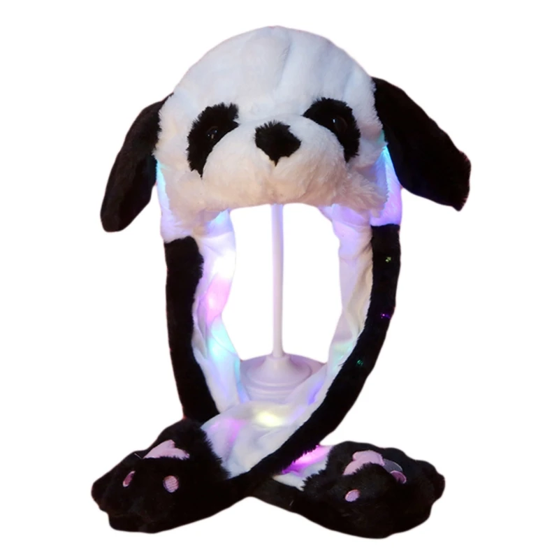 Adult Kids Light Up Plush Animal Hat with Moving Long Ears Cartoon Rabbit Bunny Panda LED Glowing EarflapCap Stuffed