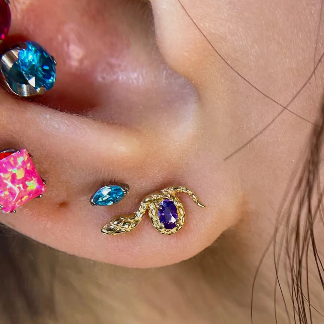 Calendo 2023  New Arrival 14K Karat Fine Solid Gold Threadless Push-in Flat Tops Animal Snake Purple Zircon Piercing Jewelry