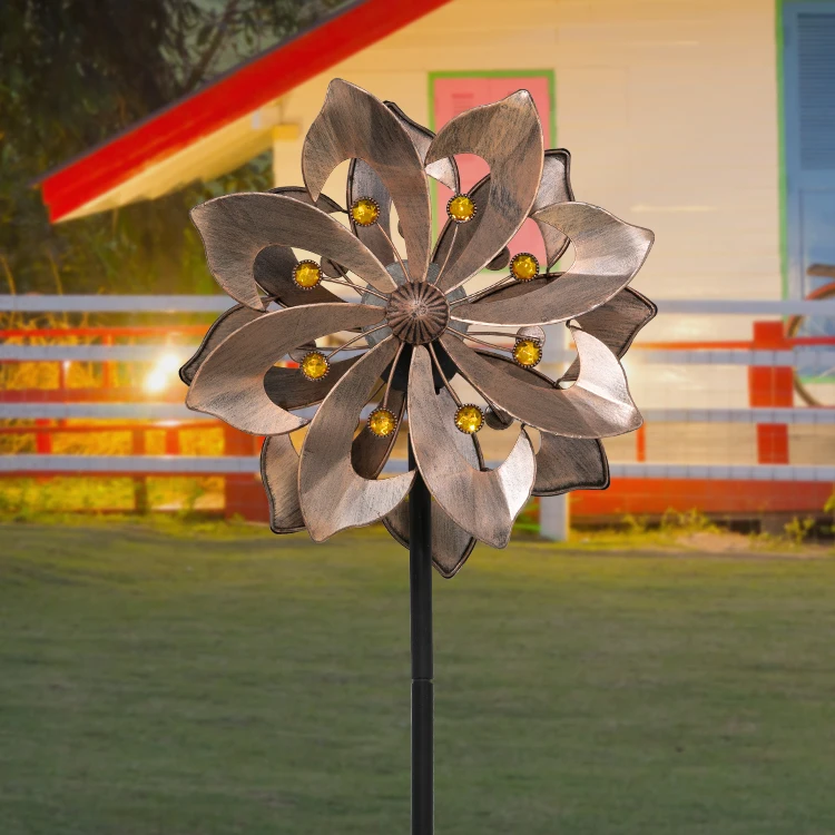 Outdoor Copper garden metal stake solar light kinetic 3d flower shape wind spinners