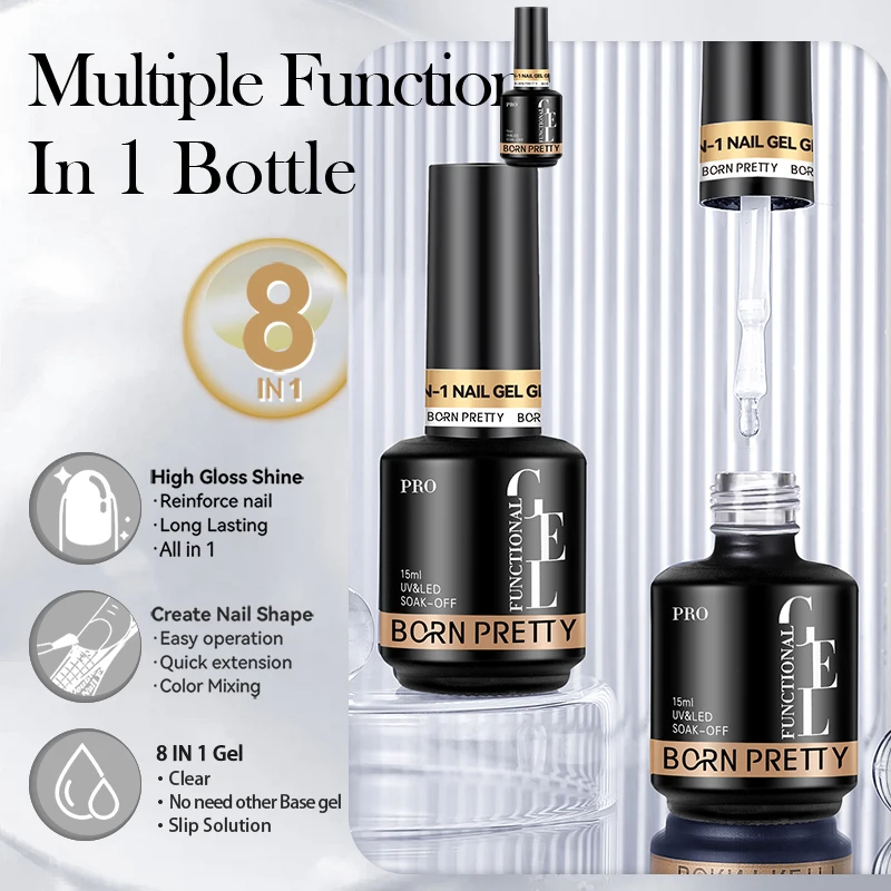 BORN PRETTY OEM Custom Logo 8 in 1 Odorless Resin BIAB Builder Brush on Nail Glue Gel Used for Base Gel UV Nail Extension Gel