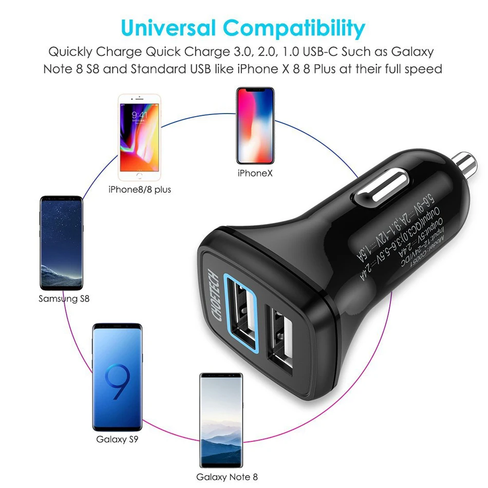 Автомобильное зарядное устройство CHOETECH 30 Вт с двумя USB-портами для iPhone 11 Pro быстрая зарядка 3 0 автомобильное QC мобильного телефона Huawei Samsung Xiaomi
