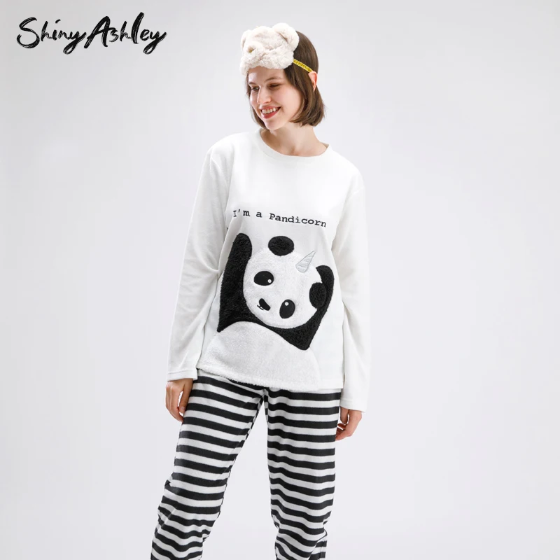 shiny ashley warm 100% polyester Flanneel fleece sleep set cute panda winter women thermal pajama sets