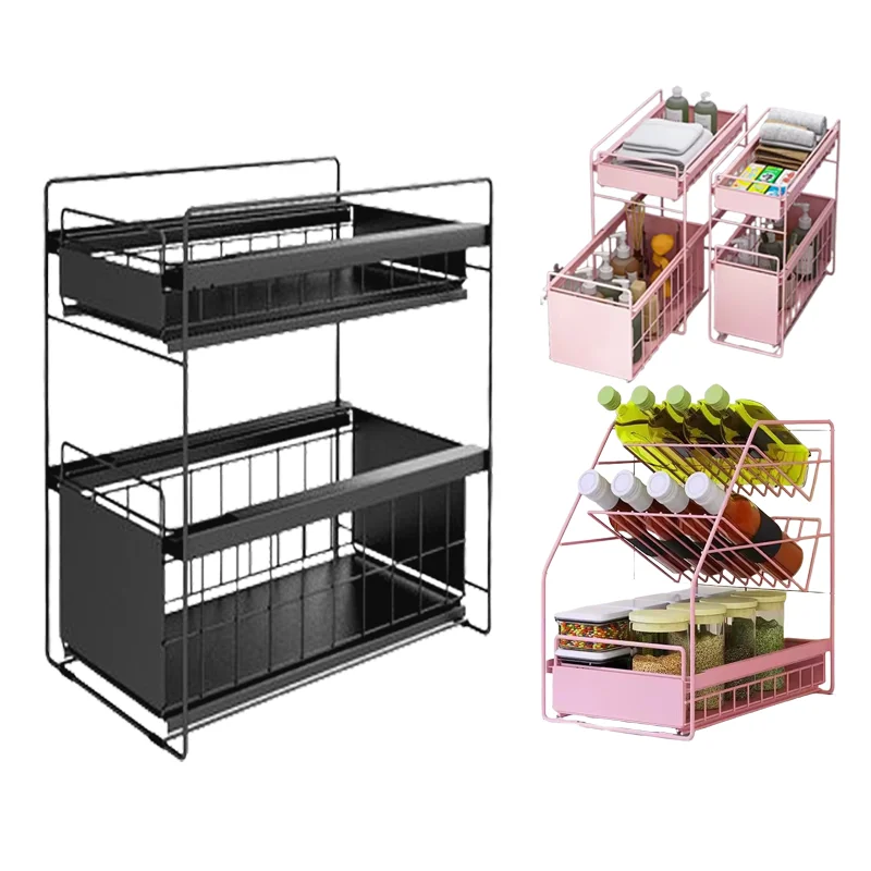 JYS kitchen Cabinet Basket Organizer Multi-purpose Under Sink Organizers  Storage rack with 2 tiers sliding cabinet drawer