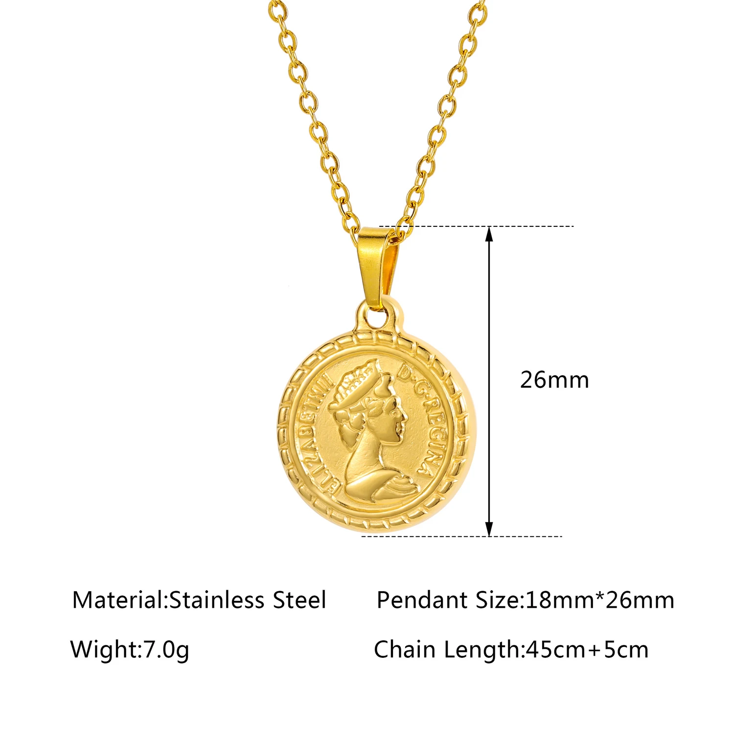 Coin Necklace 18k Gold Plated Vintage Textured Medallion Coin Pendant Round Circle Disk Dainty Necklace for Women