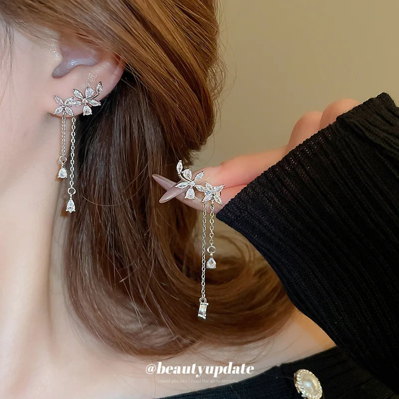 Silver needle super flash full zircon flower fringe earrings ins wind delicate light luxury temperament high se