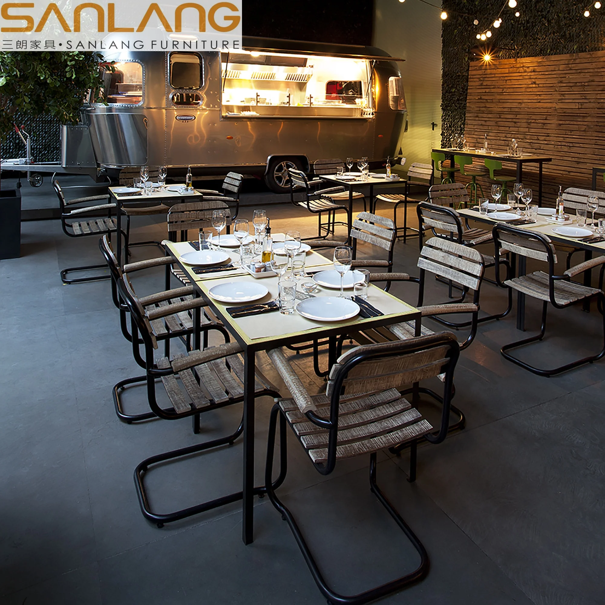 Wood modern furniture set wholesale simple bistro desk and chairs coffee brass tables leg set beach use waterproof dinner table