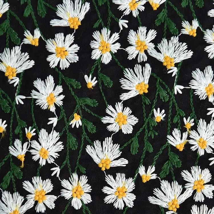 OEM Custom Design Colorful Floral Daisy Ramie Linen Cotton Woven Embroidery Fabrics for Clothing