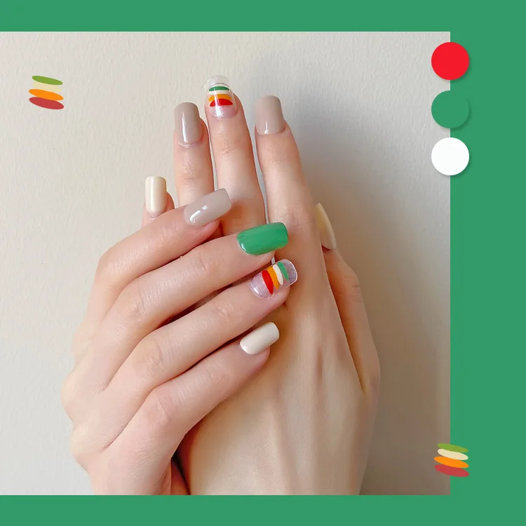 NEWAIR hot selling nail tips short square full cover false fingernail rainbow pattern press on abs false nails tips