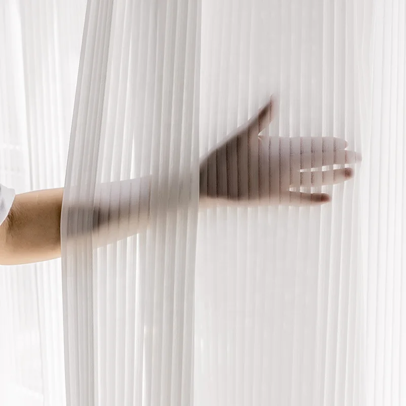 Fancy White Voile Light Filtering Vertical Striped Louver Sheer Curtains For Living Room