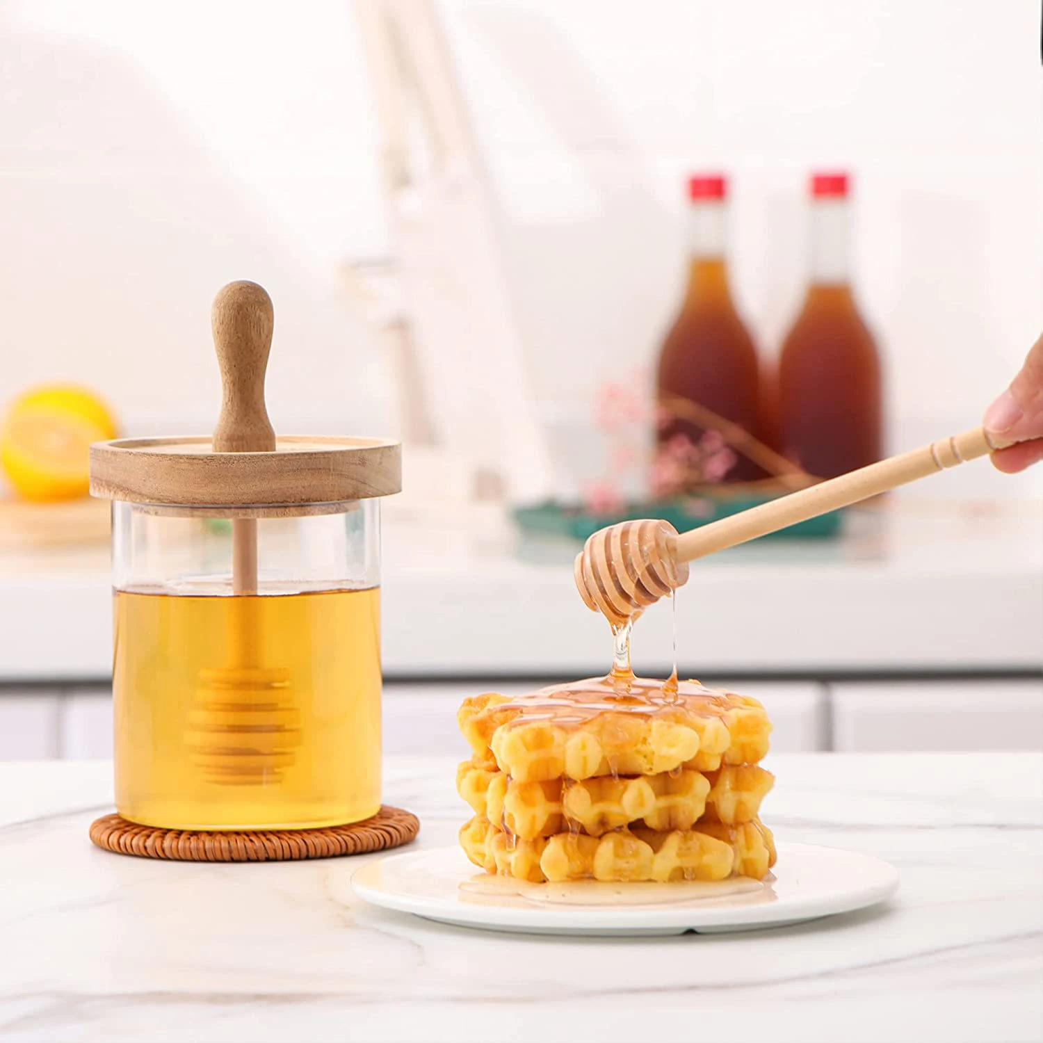 Honey Dipper Stick and Jar Set Glass Honey Jars with Wood Lid Glass Honey Jar With Dipper