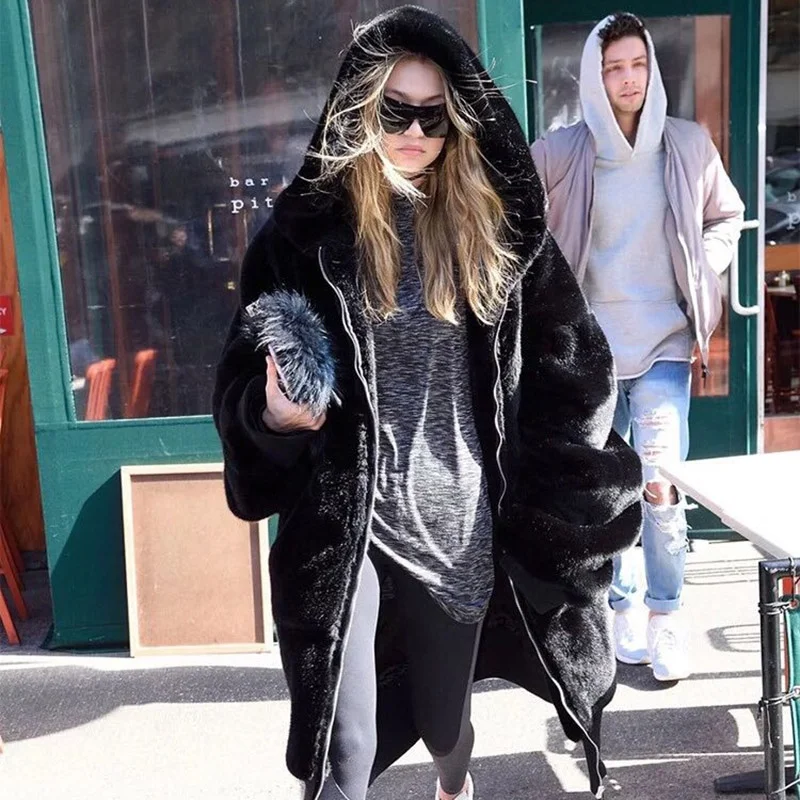 
Winter Warm hooded Large size Medium length Solid color Fur & Faux Fur Women 2019 New Casual Long sleeve Women Fur coat 