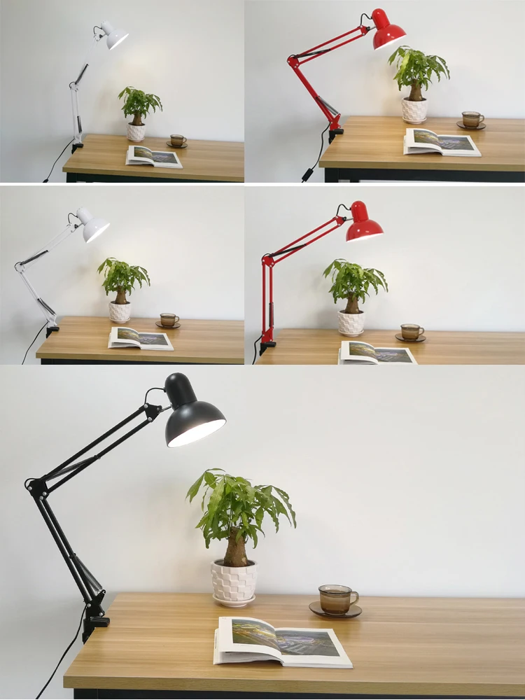 Silver Clip Lamp Eye-Caring Metal Swing Arm Drafting Table Lamp Clamp On Desk Reading Light