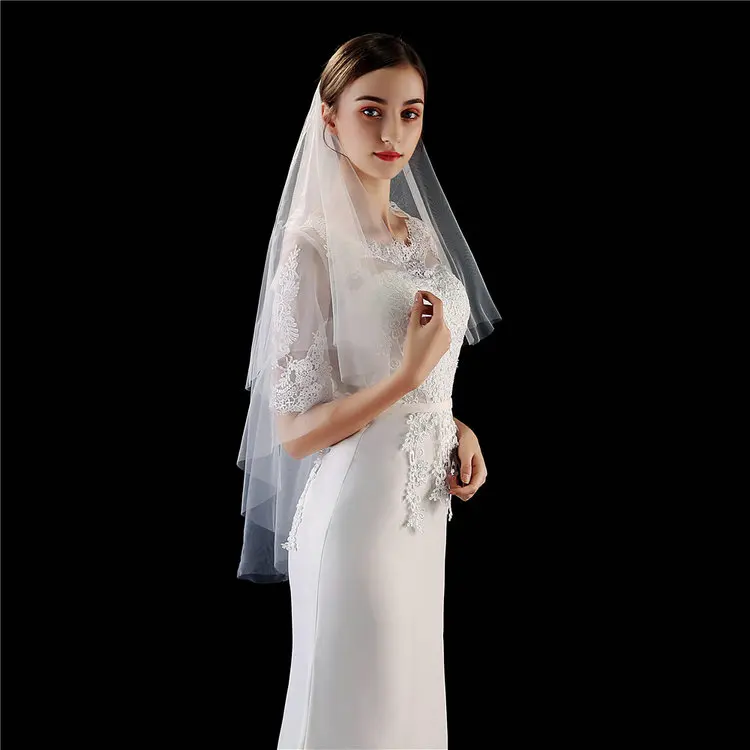 QS wholesale cheaper two layer party Wedding Bridal Veil with Comb White Ivory Cut Edge Waltz Length