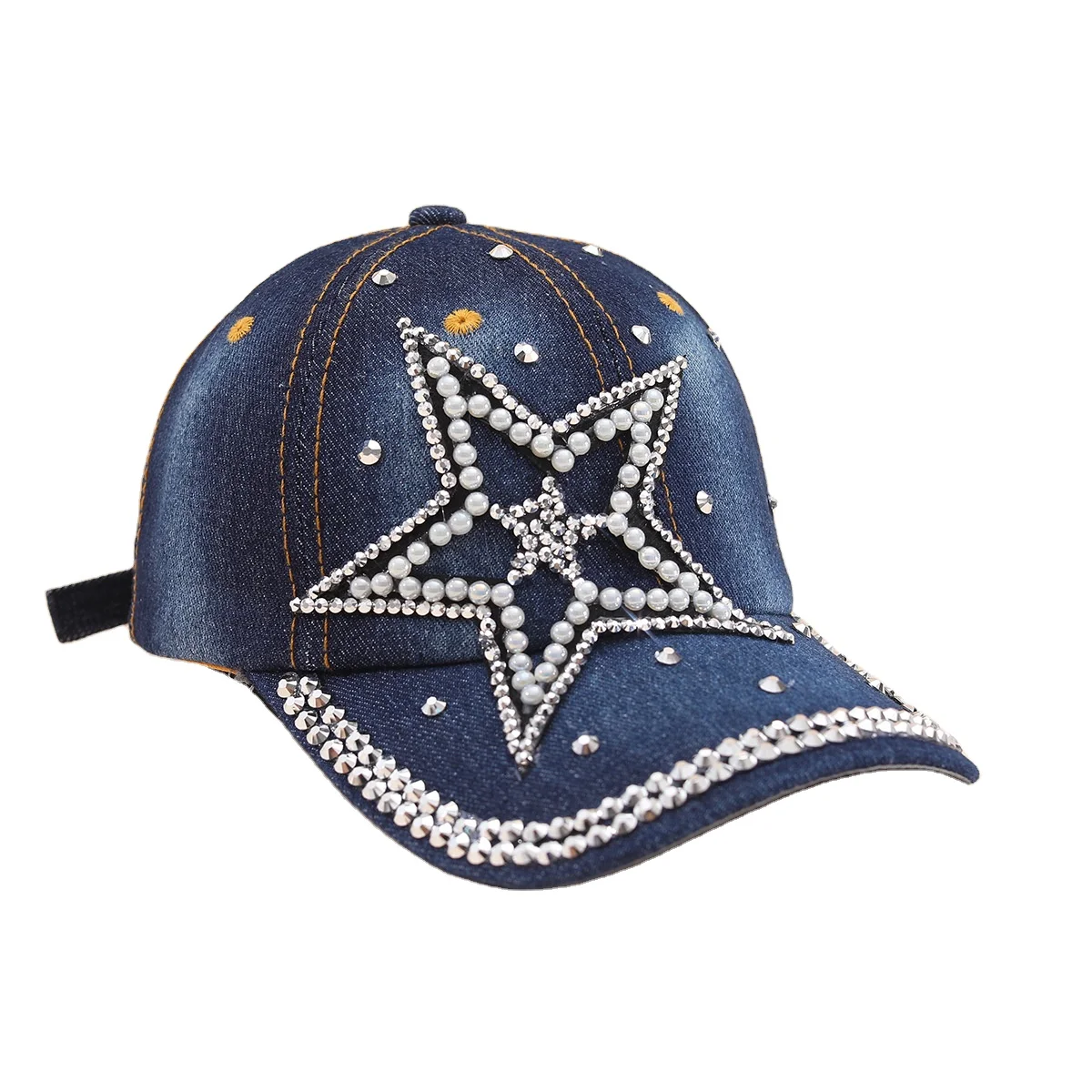 Summer Women Washed Denim Fashion Peaked Pearl Rhinestone Decor Denim Star Design Denim Baseball Cap