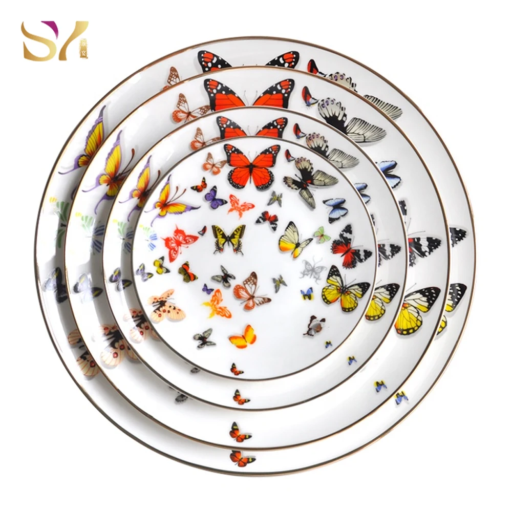 Colored dinner plate butterfly bone china dinnerware gold ceramic charger plates for wedding