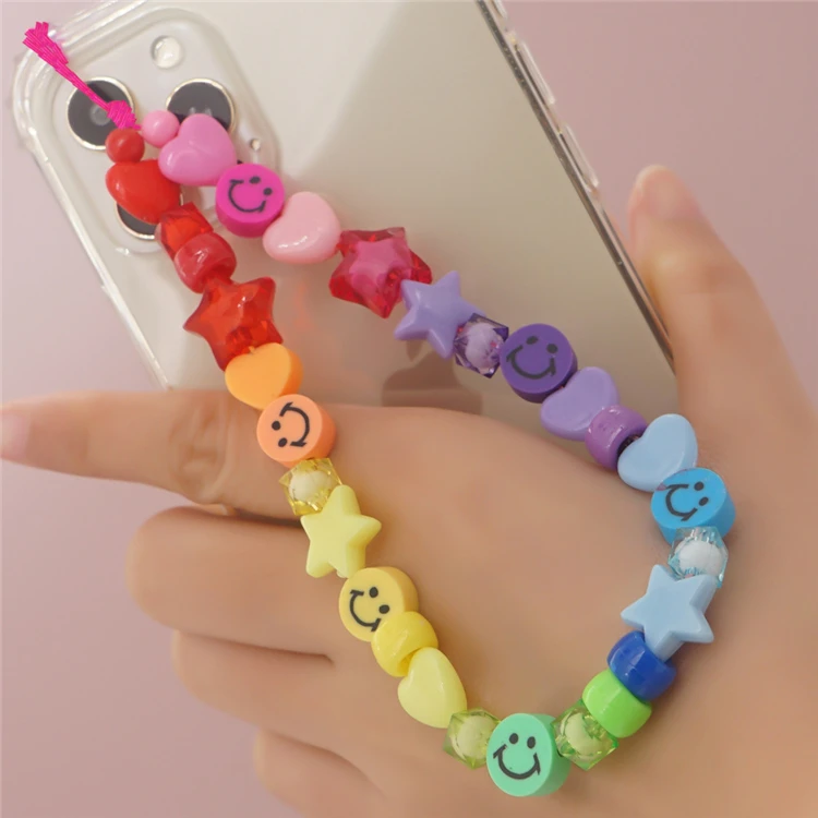 
Newest Beaded Phone Lanyard Wrist Strap Smiley Face Fruit Star Letter Pearl Handmade Rainbow Acrylic beads Keychain for Women 