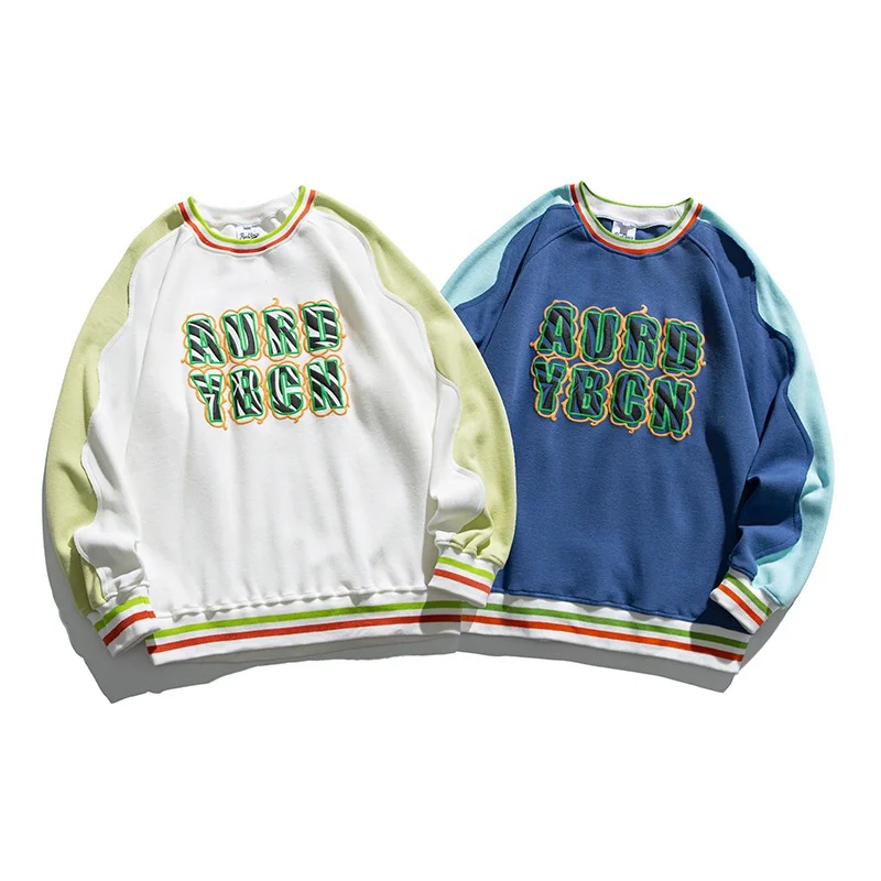 Apparel processing services Custom 3D Puffy print logo cotton french terry colorblock crew neck pullover sweatshirt men