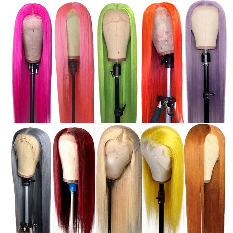 613 Lace Front Wig Brazilian Ombre Natural Pink Human Hair,Highlights,Gray,,Blue,,Green,,Purple,,Orange,Red Color Human Hair Wig