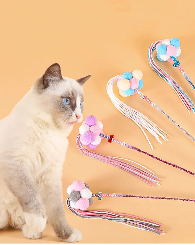 Plush Ball Interactive Feather Toys Beautiful Pet Cats Toys Stick Non-toxic Pompom Cat Toys Funny Kitten Cat Teaser