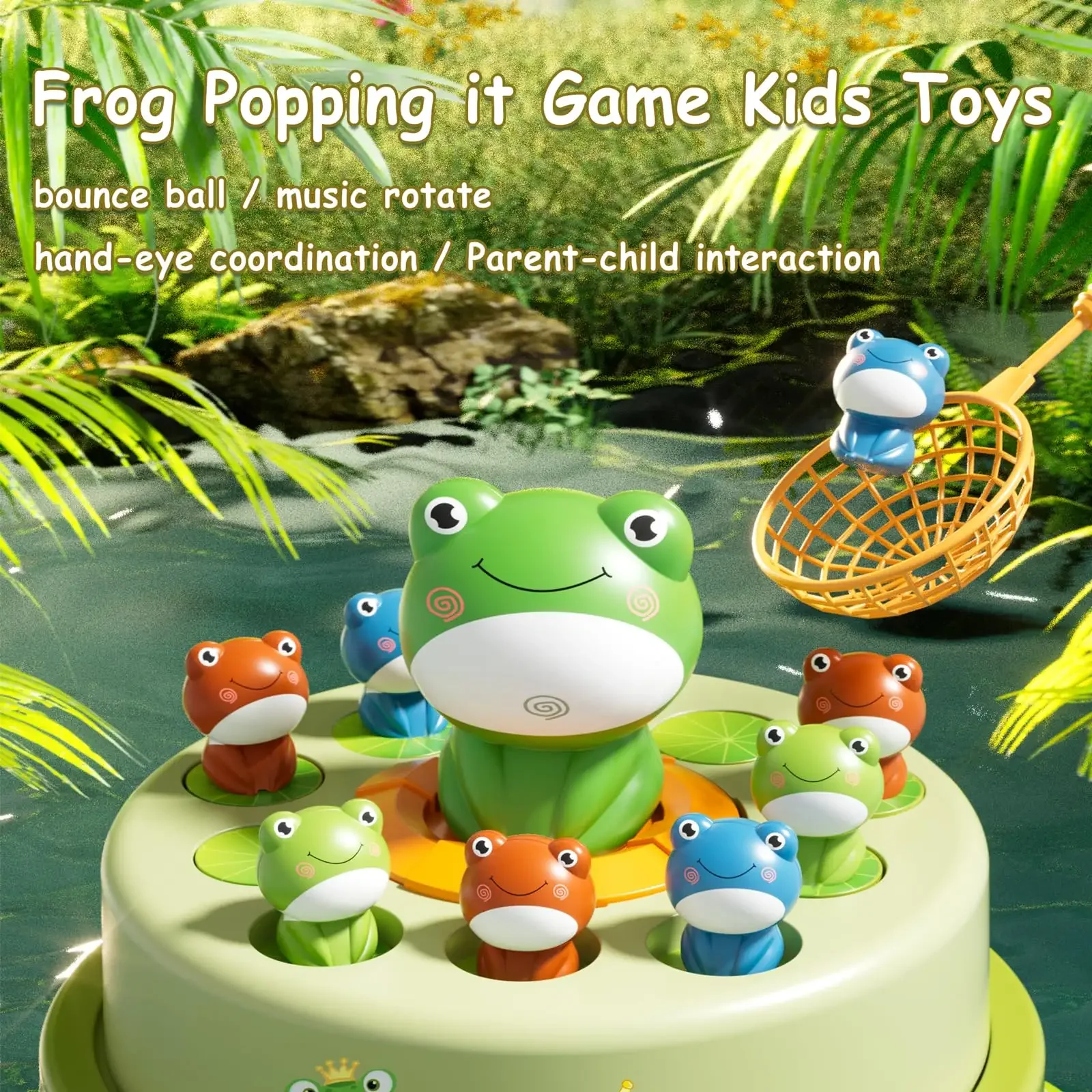 2 Players Interactive Musical Pop Up Frog Catcher Board Game with 12 Mini Frog and 2 Net Bag