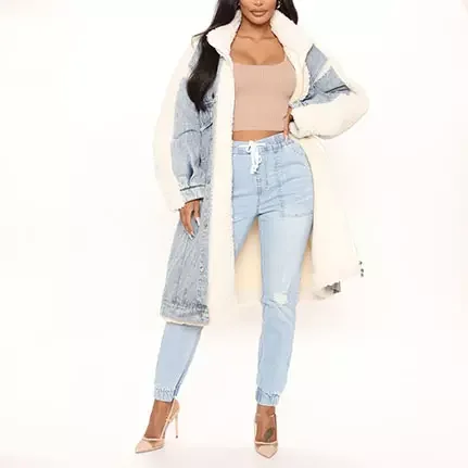 autumn winter new fashion fur jean jacket for women denim coat fur lining vintage casual long jacket