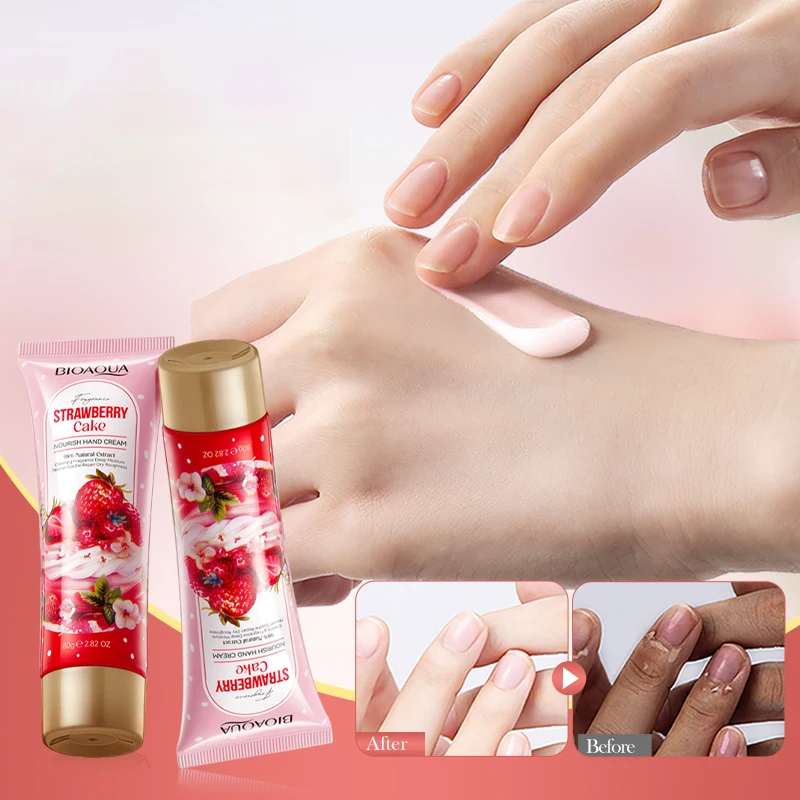 OEM BIOAQUA Cosmetics Strawberry Cake Nourishing Hand Cream Organic Moisturizing Whitening Perfume Hand Care Cream Lotion