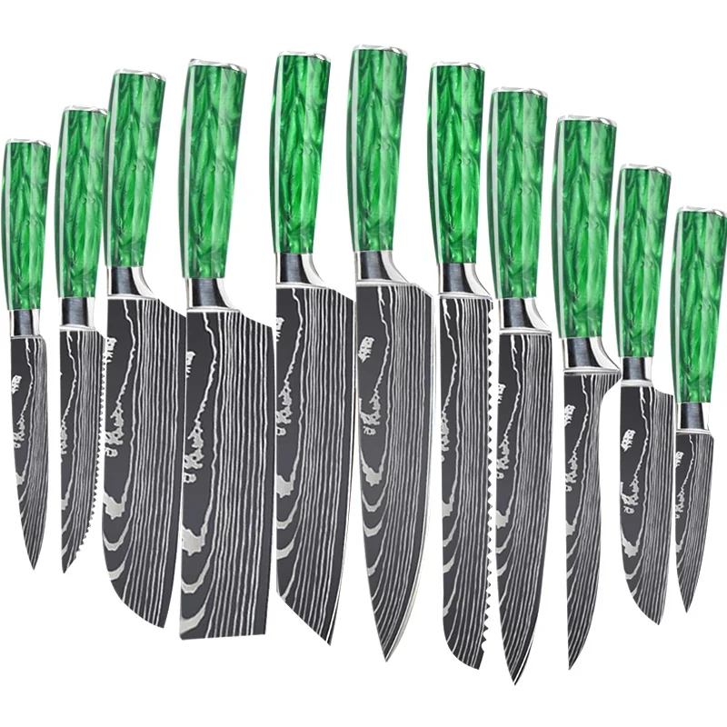 Luxury Green Resin Handle Stainless Steel 4CR13 Kitchen Knives Damascus Knife Set with Gift Box Packing