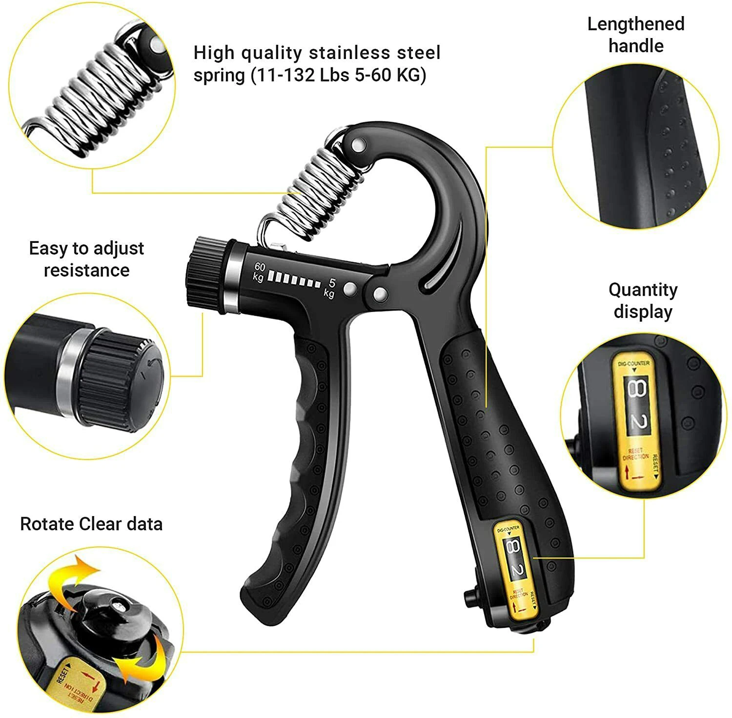 5-60kg Smart Counting Grip Strengthener Gripper R-Shape Adjustable Hand Grip Pinch Carpal Expander