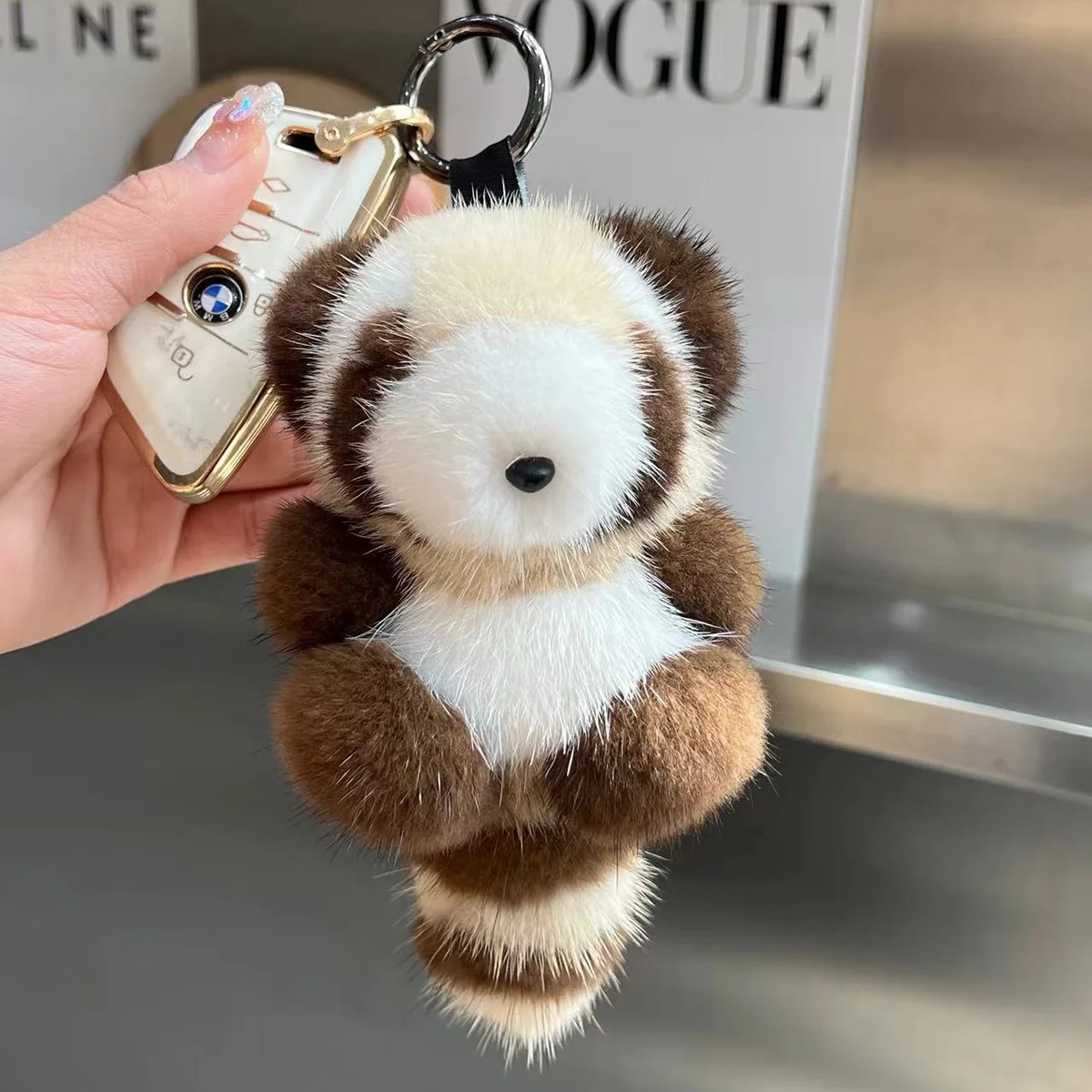 Cute Soft Mink Fur Little Raccoon Pendant Doll Bag Accessory Plush Keychain