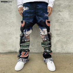 Custom Baggy Loose Fit Cargo Stacked Men Woven Blanket Tapestry Pants Men Trousers