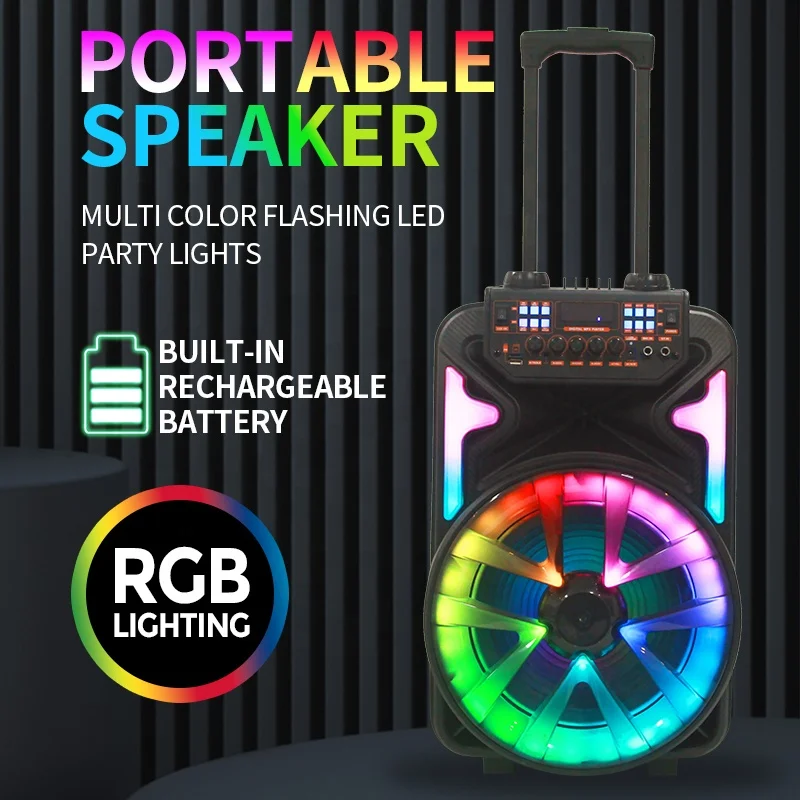 50W 15 Inch woofer EQ control DJ Karaoke Bass RGB Light Wireless BT MIC USB Trolley Bluetooths Portable Speakers With Microphone